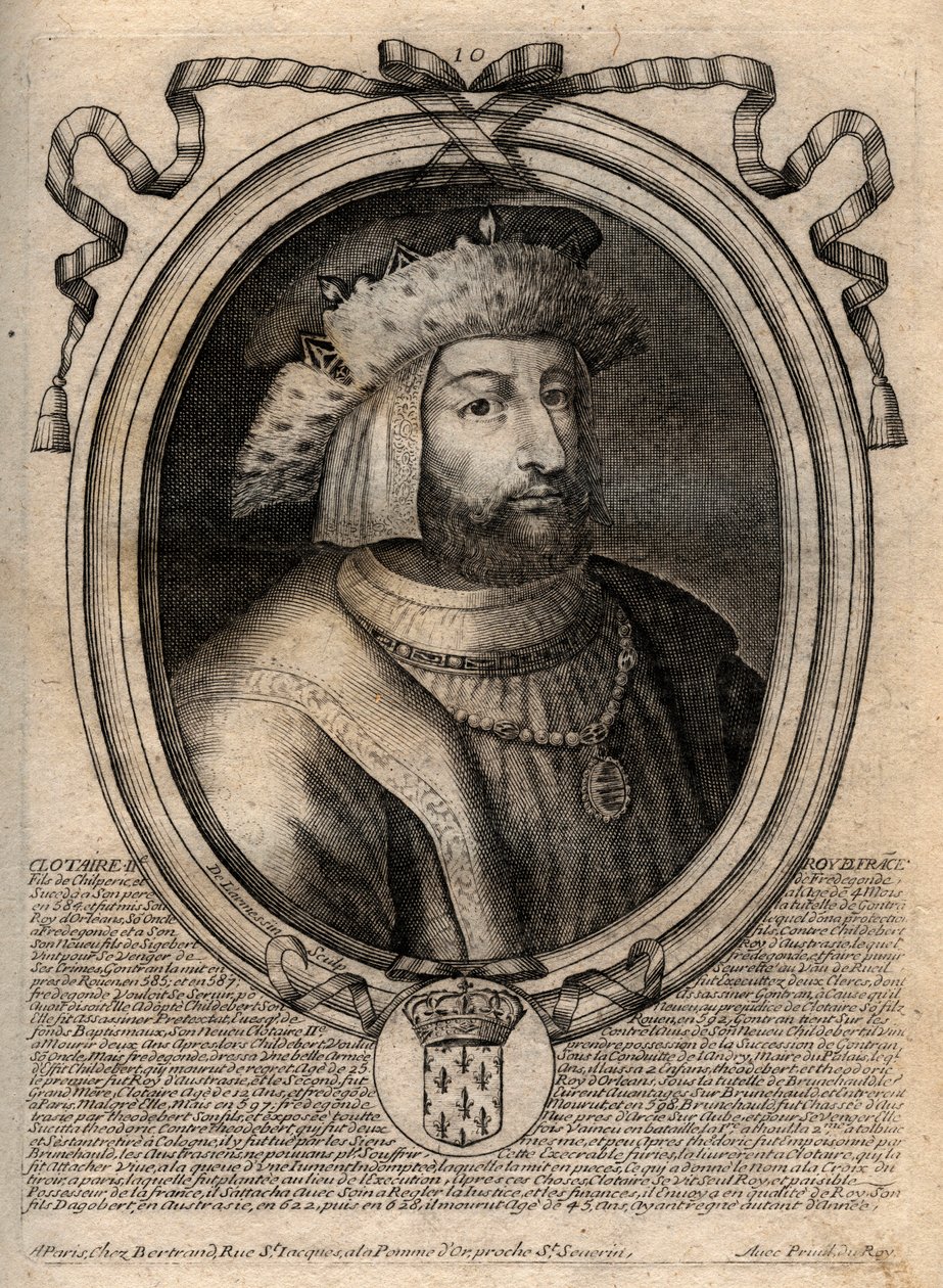 Portret van Clotaire II (584 - 628), koning van Neustrië en koning van de Franken - gravure uit 
