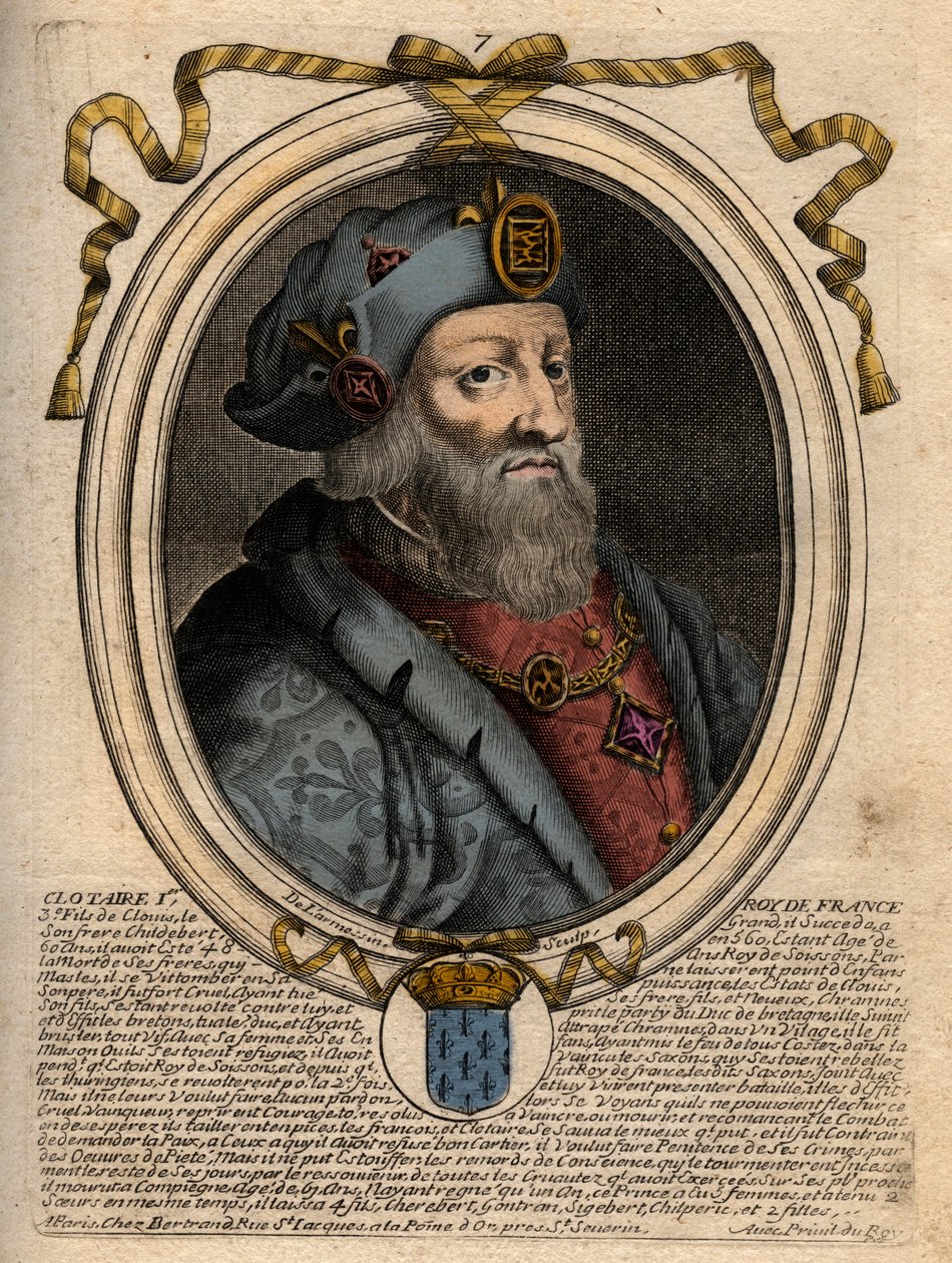 Portret van Clotaire I (497-561), koning van Neustrië en koning van de Franken - Clothar I, koning van de Franken - gravure uit 