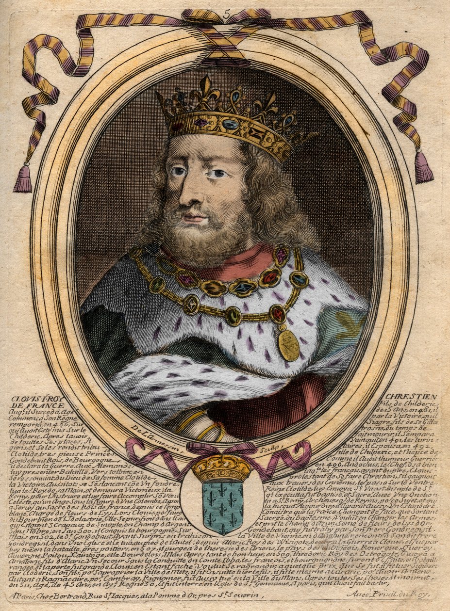 Portret van Clovis I (ca. 466 - 511), Koning van de Franken - gravure uit 