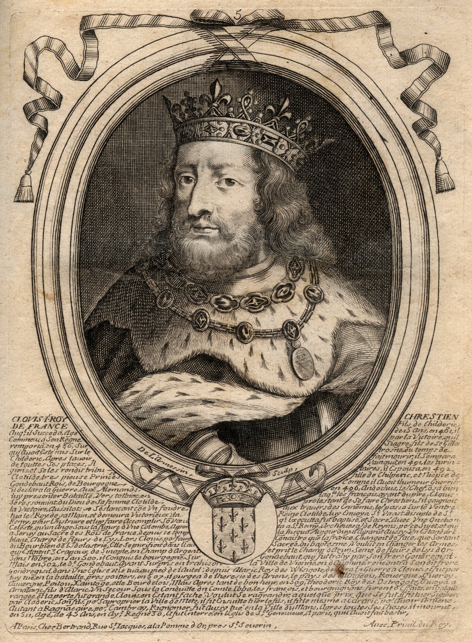 Portret van Clovis I (ca. 466 - 511), Koning van de Franken - Portret van Clovis I (466-511), Koning van de Franken - gravure uit 