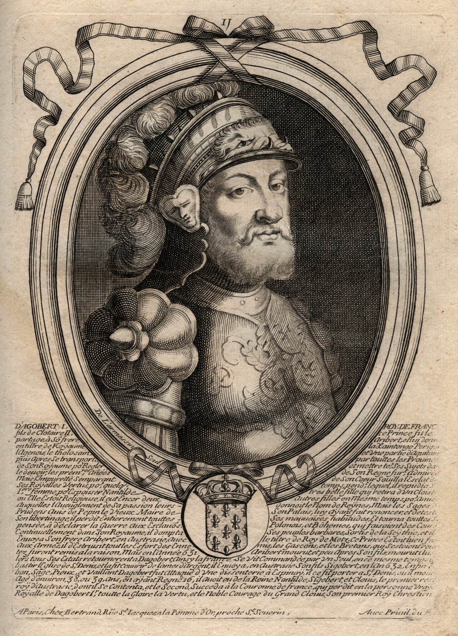 Portret van Dagobert, koning van de Franken van 628 tot 638 - Dagobert (605-39) koning van de Franken - gravure uit 
