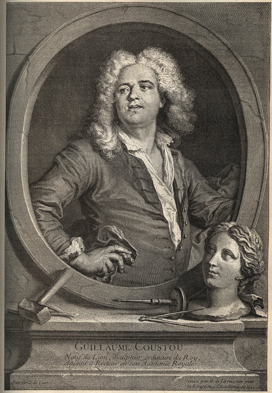 Portret van Guillaume Coustou (1677-1746), Franse beeldhouwer - gravure door Larmessin naar J.de Lien door de Larmessin