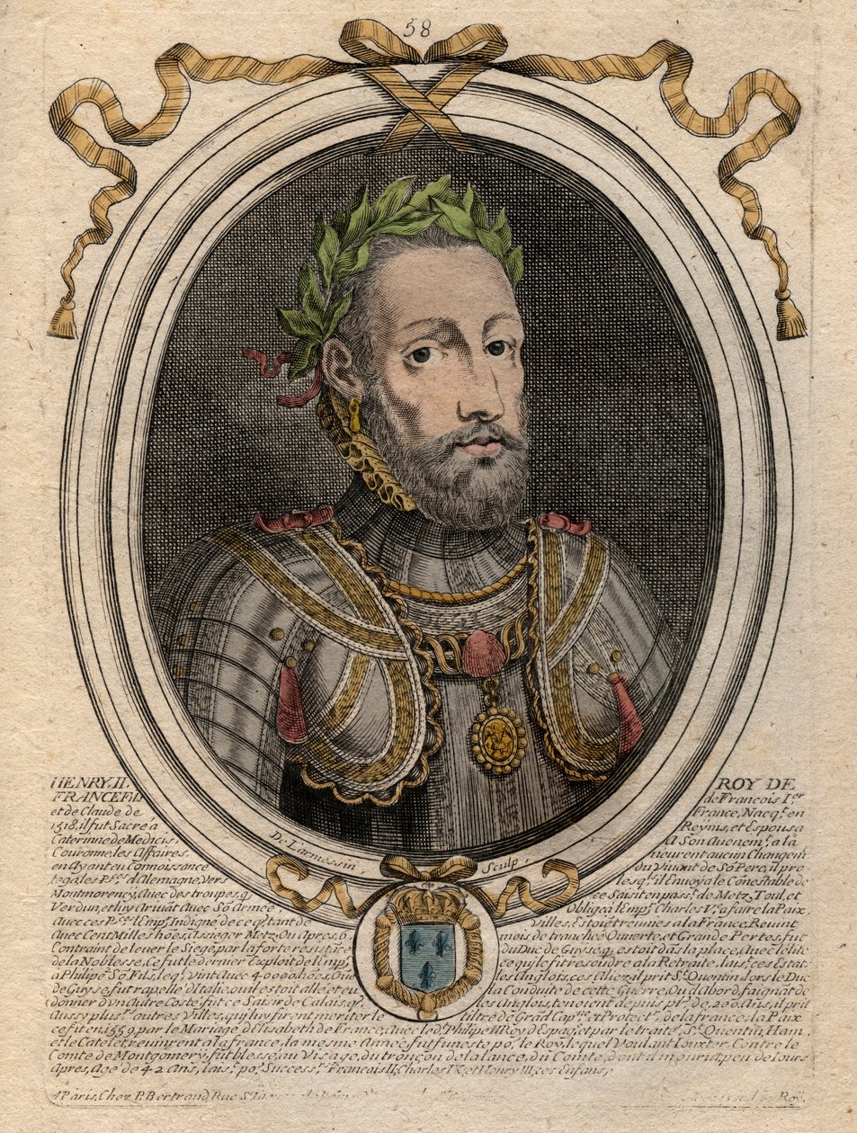 Portret van Hendrik II (1519-1559), koning van Frankrijk. Gravure uit 