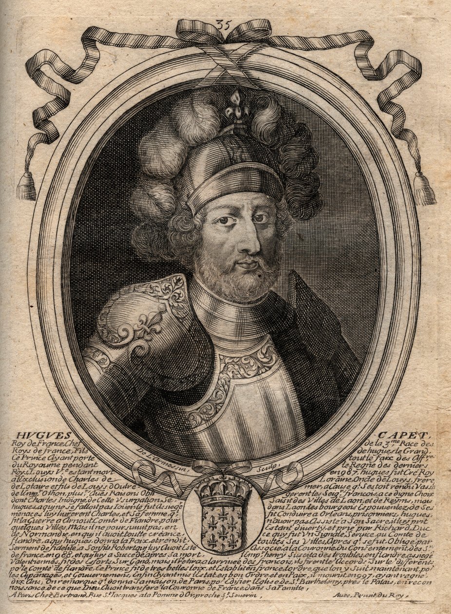 Portret van Hugues I Capet (ca. 941-996), hertog van Frankrijk en daarna koning van Frankrijk - gravure uit 