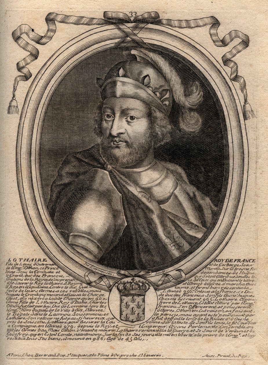 Portret van Lothaire (941 - 986), koning van de Franken - gravure uit 