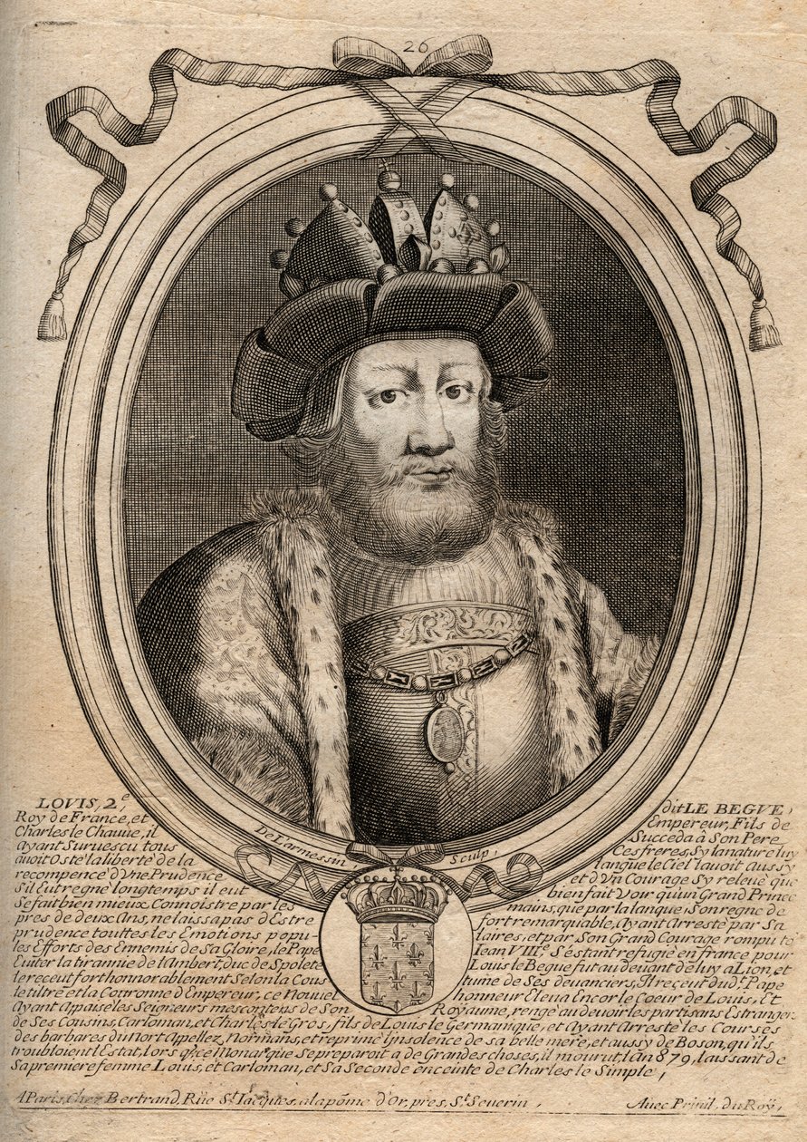 Portret van Lodewijk II de Stotteraar of de Luie (846 - 879), Koning van de Franken - Lodewijk II de Stotteraar 848 tot 879 - gravure uit 