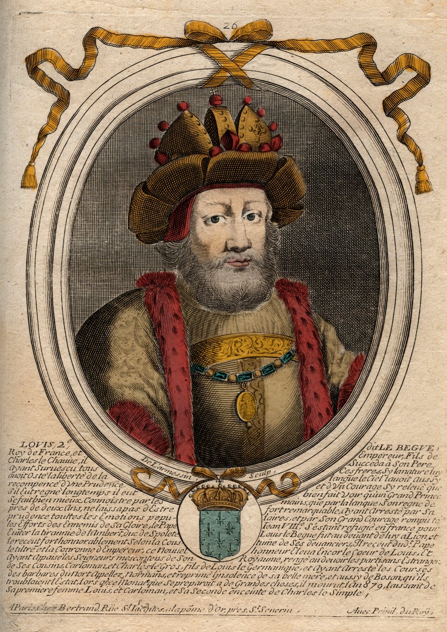 Portret van Lodewijk II de Stamelaar (846 - 879), Koning van de Franken - gravure uit 