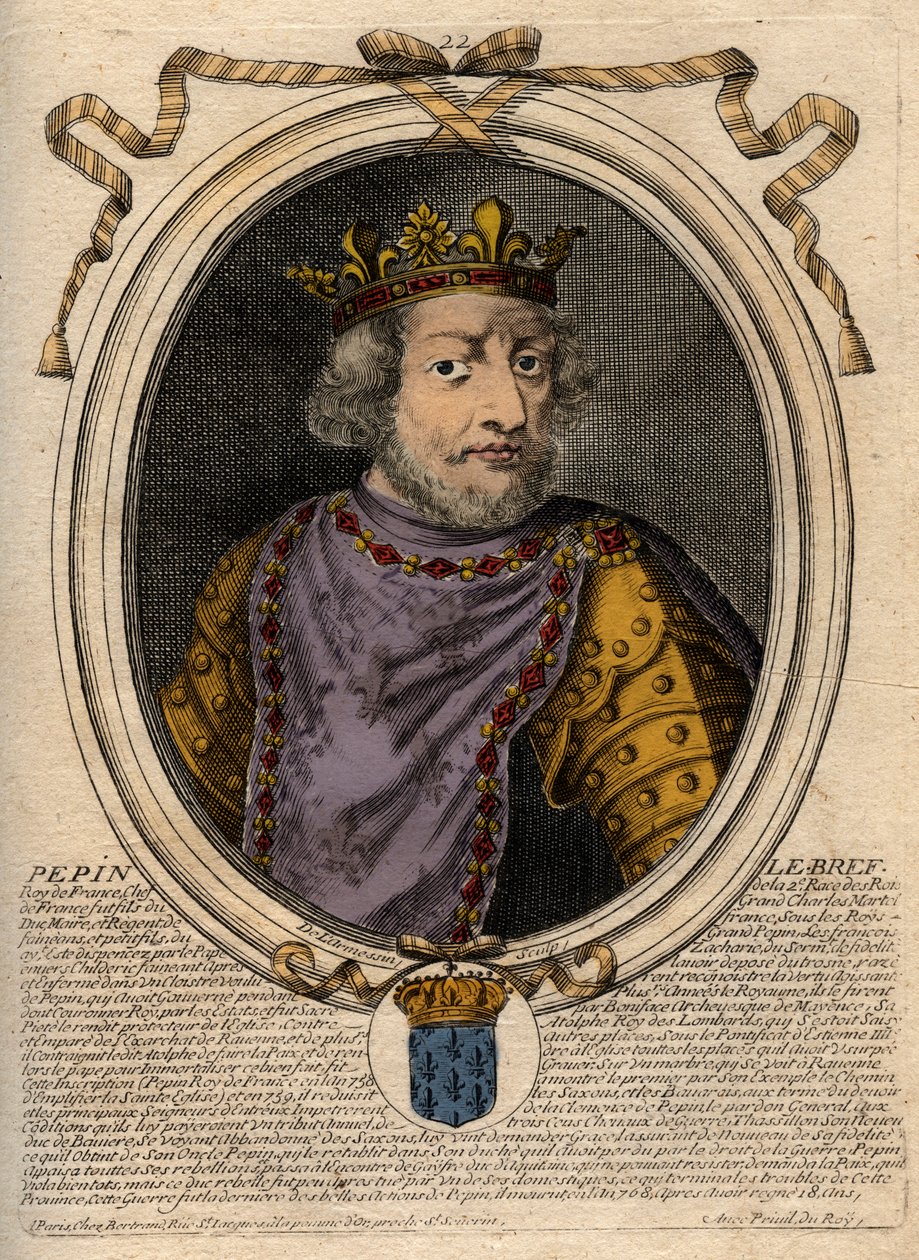 Portret van Pepijn III genaamd Pepijn de Korte, koning van Frankrijk - gravure uit 