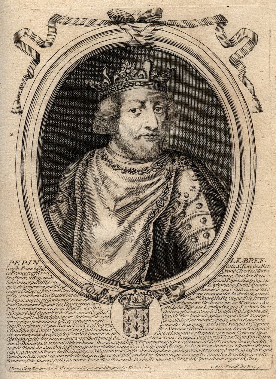 Portret van Pepijn III (714-768) koning van Frankrijk - Gravure uit 