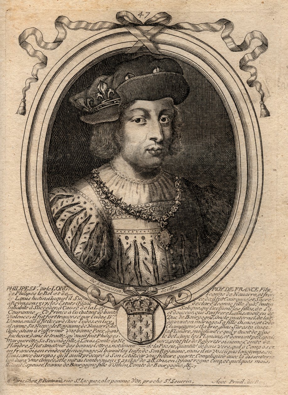 Portret van Filips V de Lange (1294 - 1322), koning van Frankrijk - gravure uit 