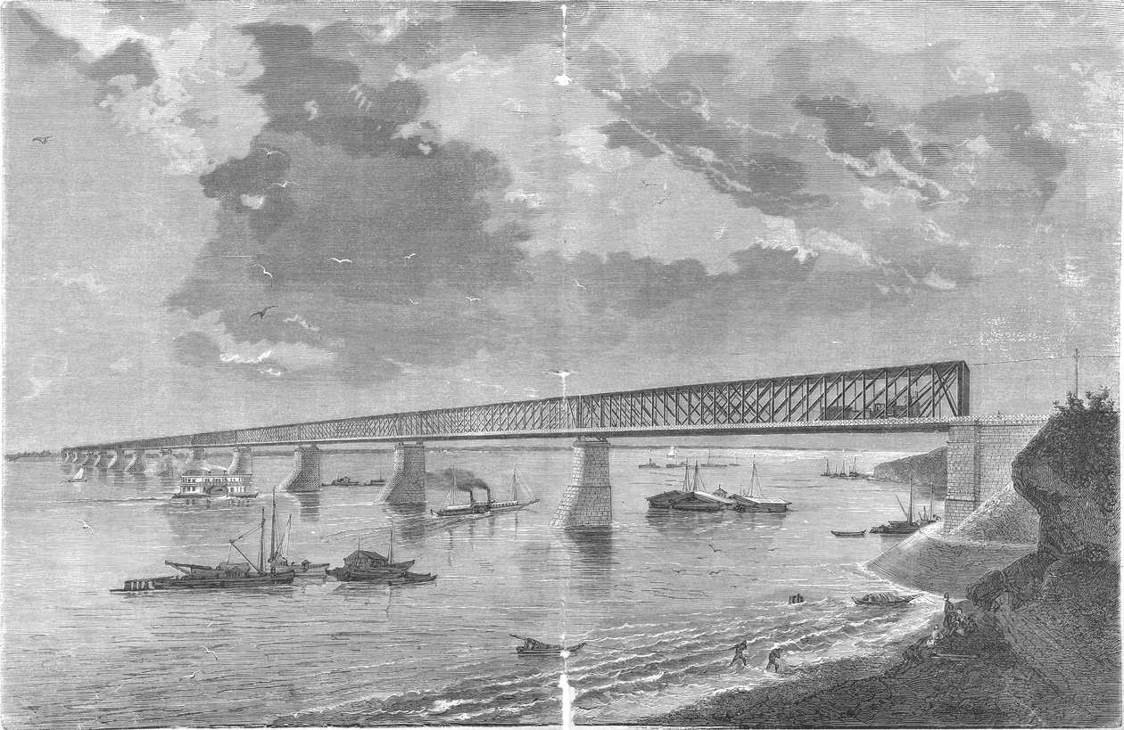 Syzranskiy-brug (Alexandrowskiy-brug) na de opening in 1880 door engraving by M. Rashevskiy Photo by N. Karazin