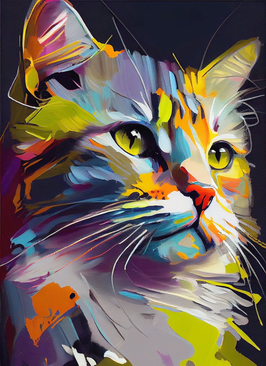 Abstracte schattige kat, Olieverf penseelstreken door F. Abderrahim