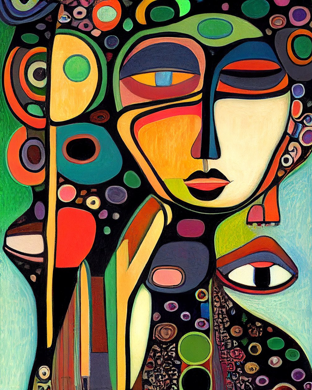 Abstract vrouwengezicht schilderij, figuratieve kunst door F. Abderrahim
