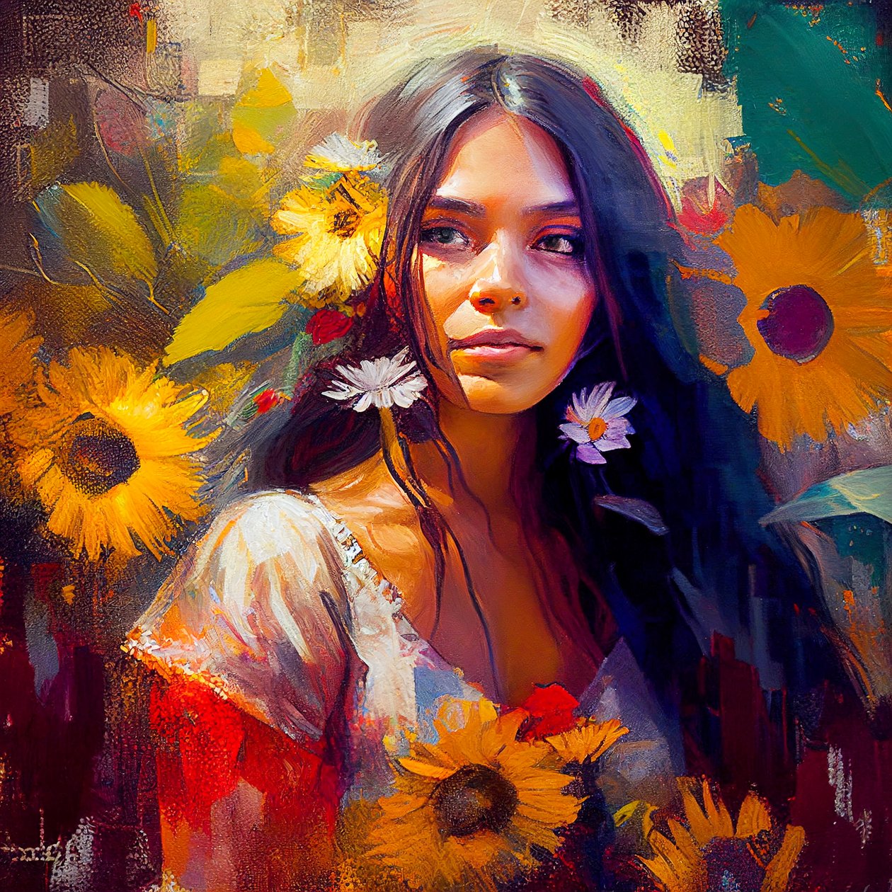 Mooie Mexicaanse vrouw omringd door zonnebloemen door F. Abderrahim