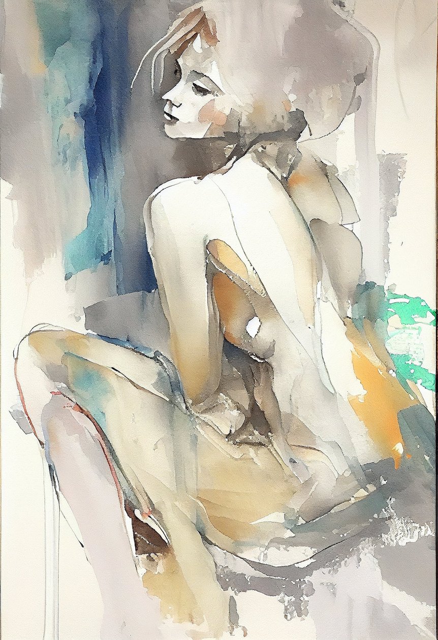 Mooie vrouw zittend, Aquarel schilderij door F. Abderrahim