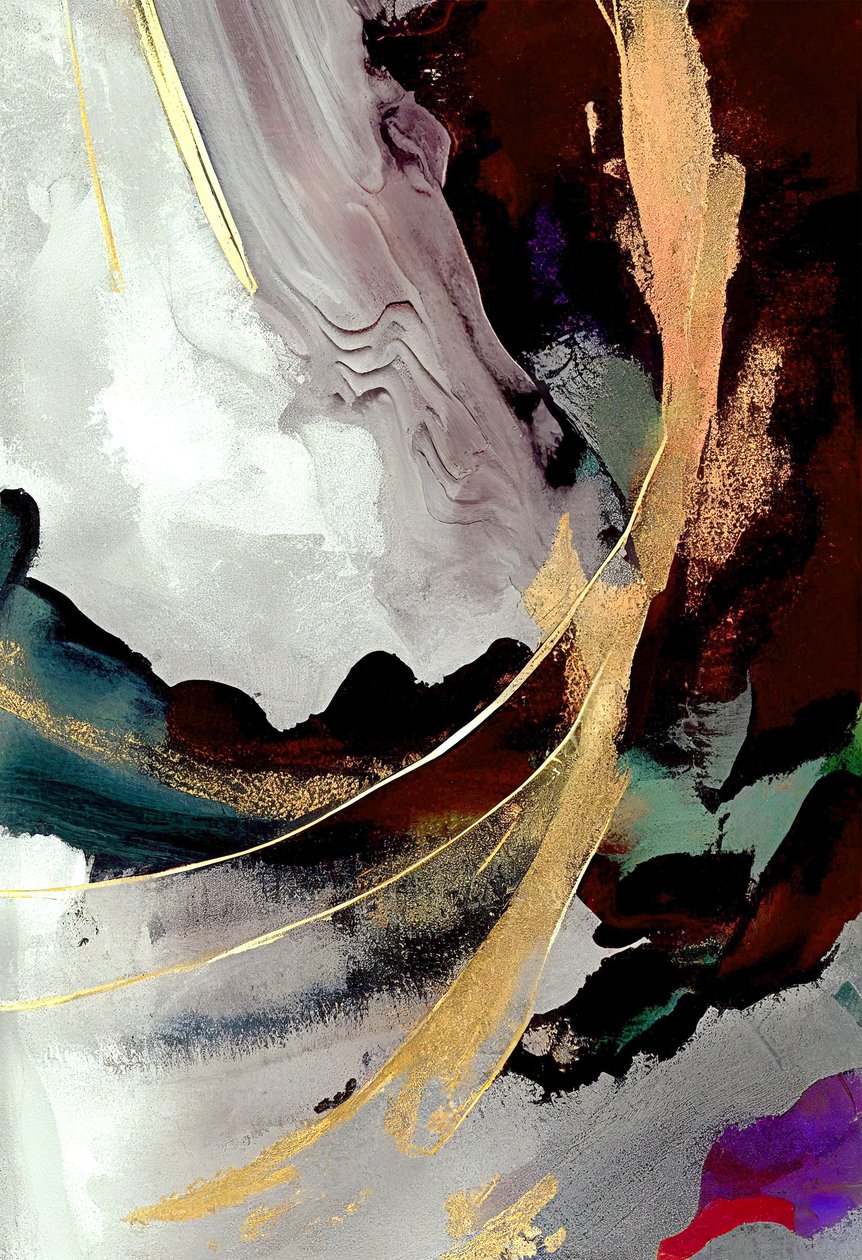 Zwart en grijs abstract schilderij met gouden effect door F. Abderrahim