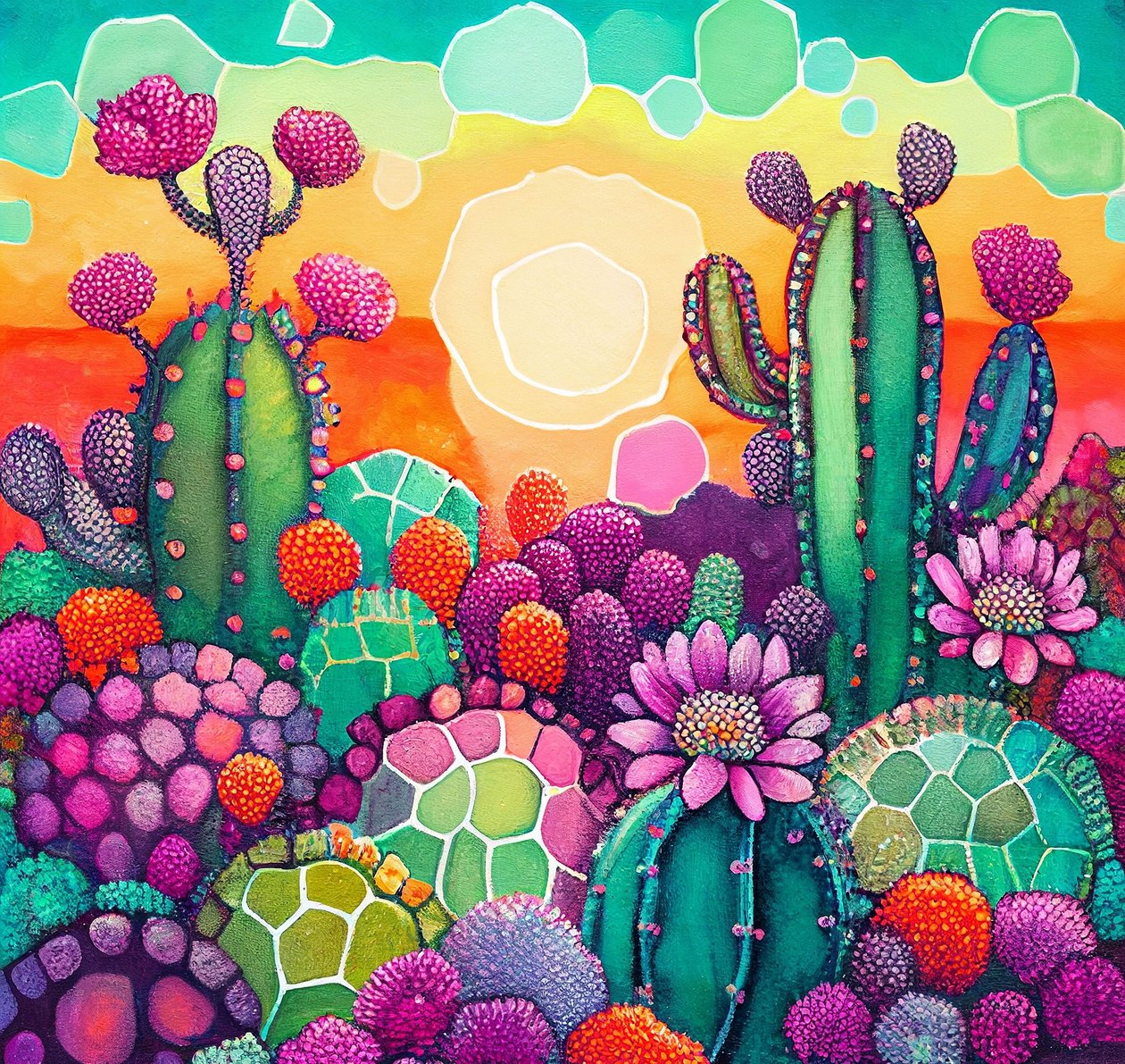 Woestijnbloei: Kleurrijke Abstracte Zonsondergang op Cactusplateaus door F. Abderrahim