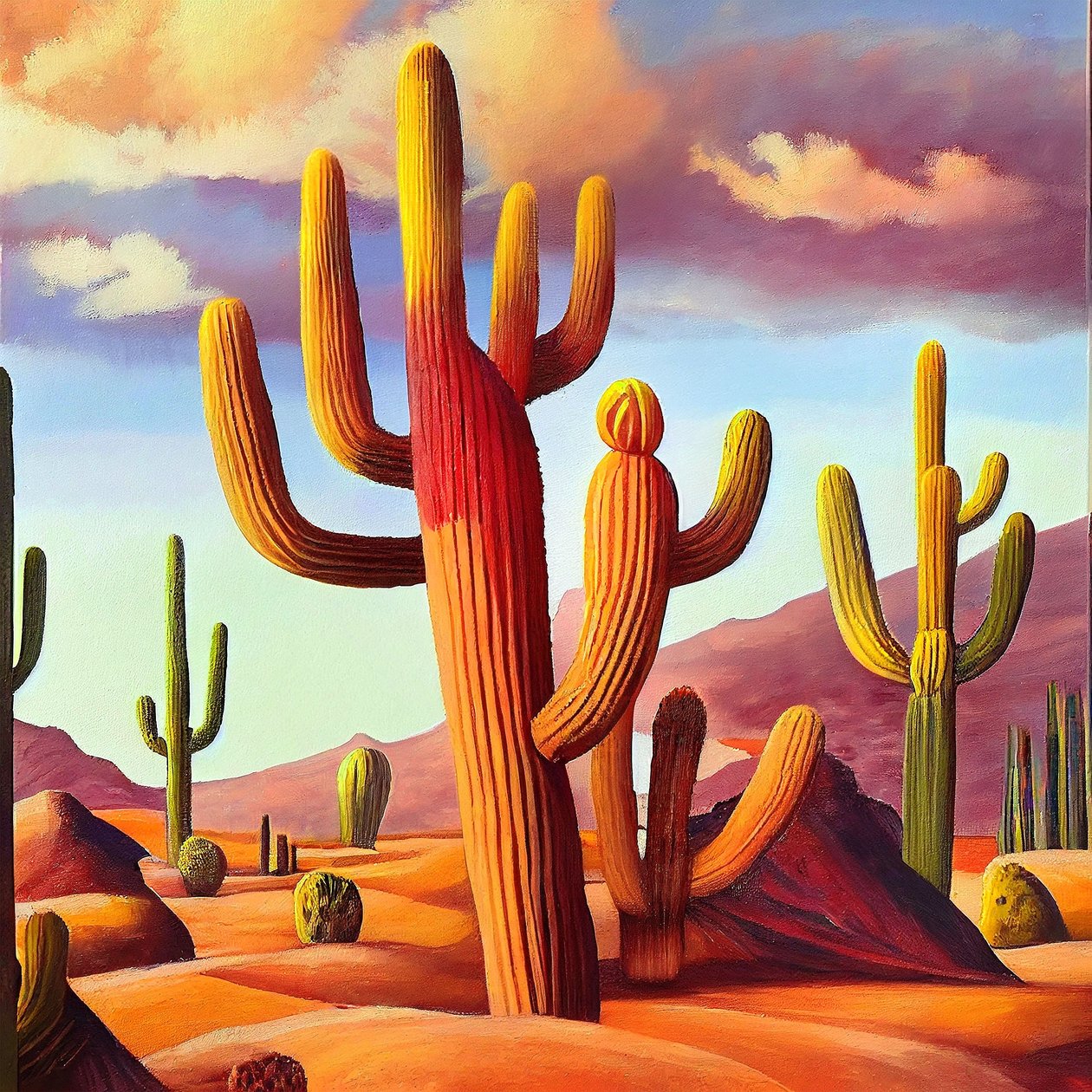 Woestijn cactussen in warme kleuren op doek, canvas kunst afdrukken door F. Abderrahim