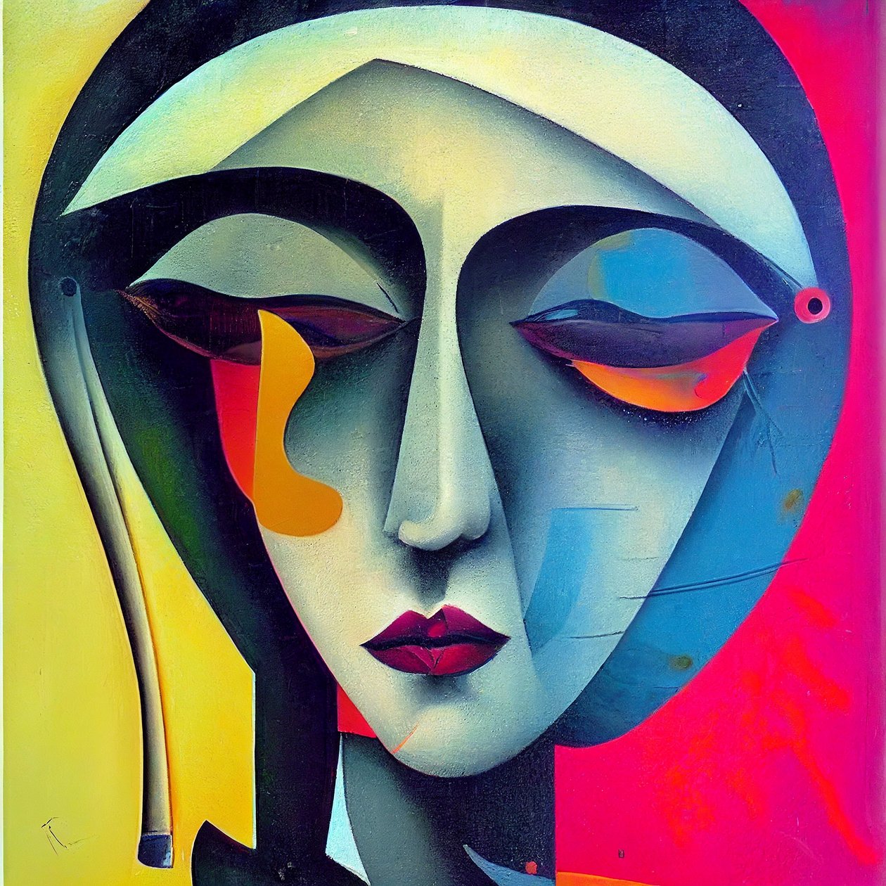 Verdrietig vrouwen gezicht in abstract figuratieve schilderkunst door F. Abderrahim