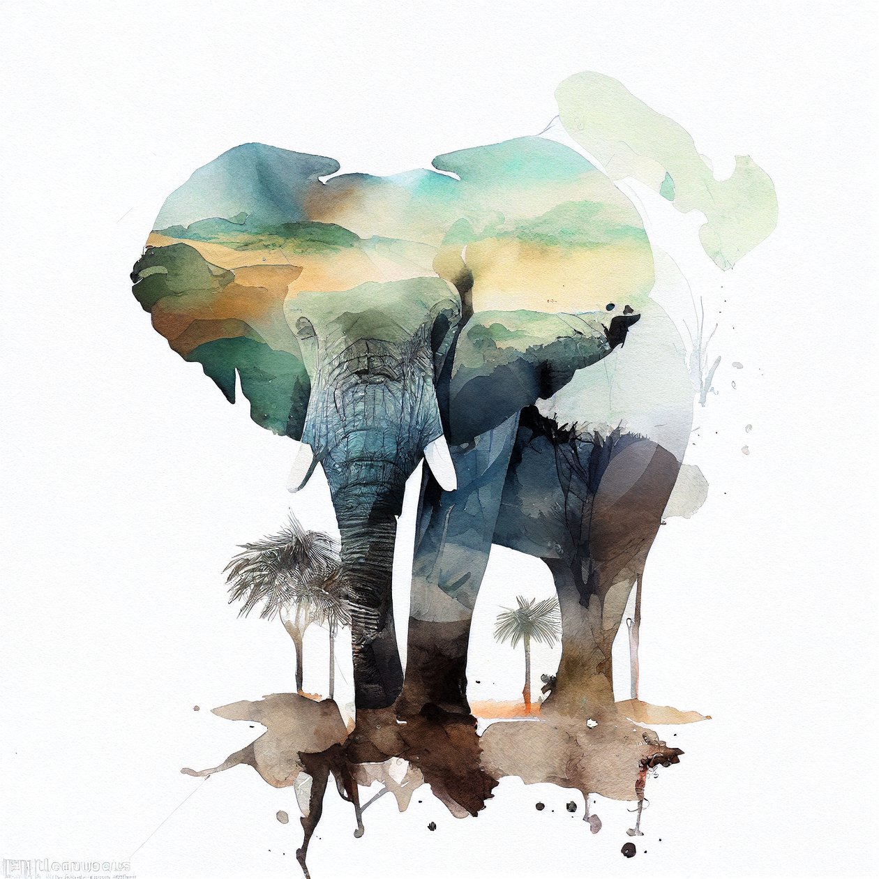 Aquarel olifant & Afrikaanse savanne schilderij door F. Abderrahim