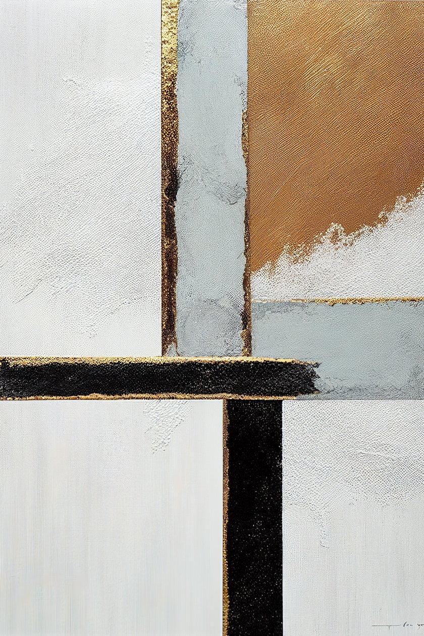 Wit & zwart, gouden abstracte lijnen, Canvas Printbare Kunst door F. Abderrahim