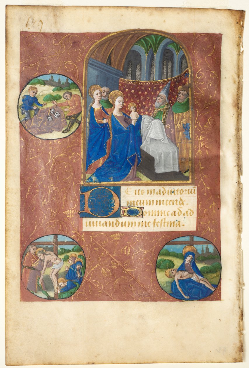 Blad uit een Getijdenboek: Presentatie in de Tempel met Rondelen van het Loten, de Afzetting en Pietà (None, Officie van de Maagd) door follower of Master of Adélaïde de Savoie