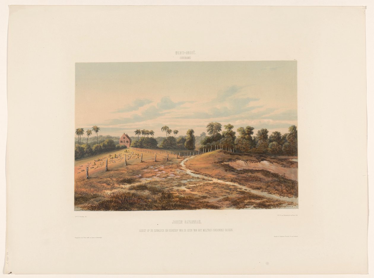 Jodensavanne Joden Savannah. Gezicht op de synagoge en kerkhof van de zijde van het militair Cordonpad gezien door jonkheer Jacob Eduard van Heemskerck