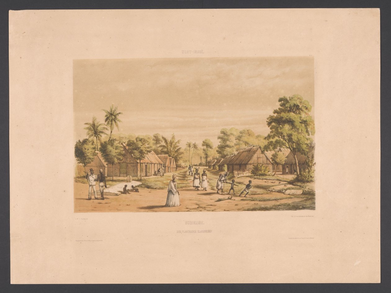 Woningen van tot slaaf gemaakten op een Surinaamse plantage door jonkheer Jacob Eduard van Heemskerck