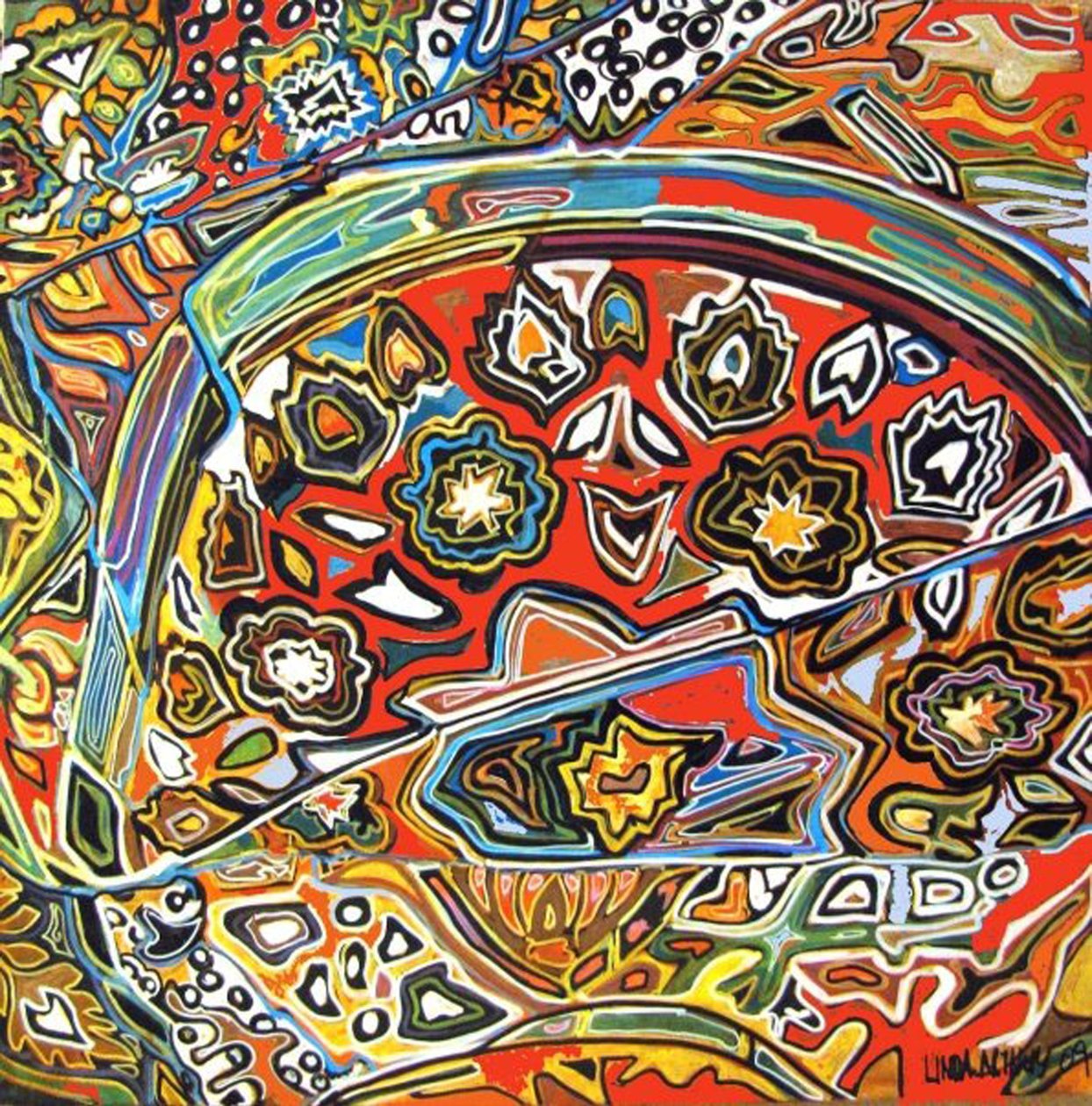 Detail pf Egyptian wprl, 2016 (gemengd, acryl, inkt, olie) door linda arthurs