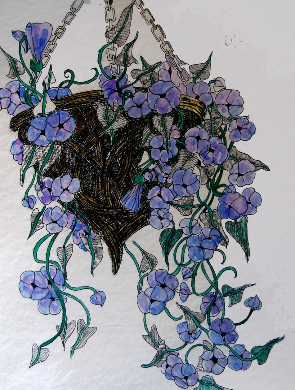 Hangende bloemen, 2014 (aquarel, inkt) door linda arthurs