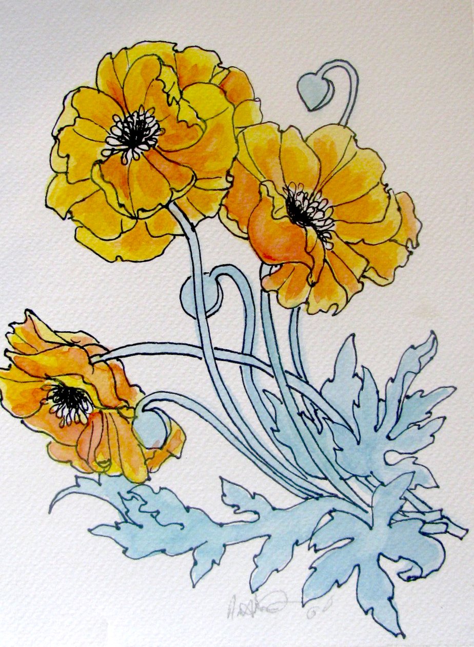 POPPIES, 2015 (aquarel, inkt) door linda arthurs