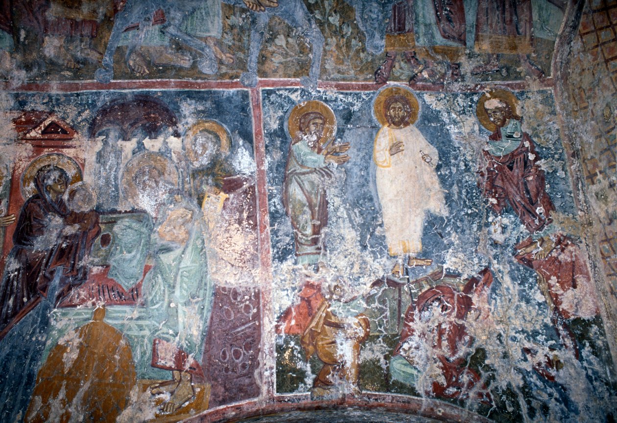 Christus en heiligen, fresco in Byzantijnse kerk van Sotiras Christos, Vlithias, Kreta, Griekenland door Theodore Charles Ange Coquelin
