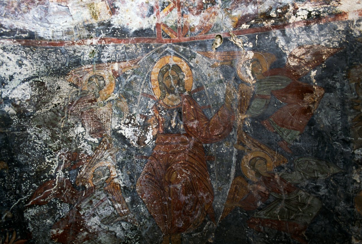 Christus met engelen en heilige, fresco in kerk van Panagia, Kitiros, Kreta, Griekenland (foto) door Theodore Charles Ange Coquelin