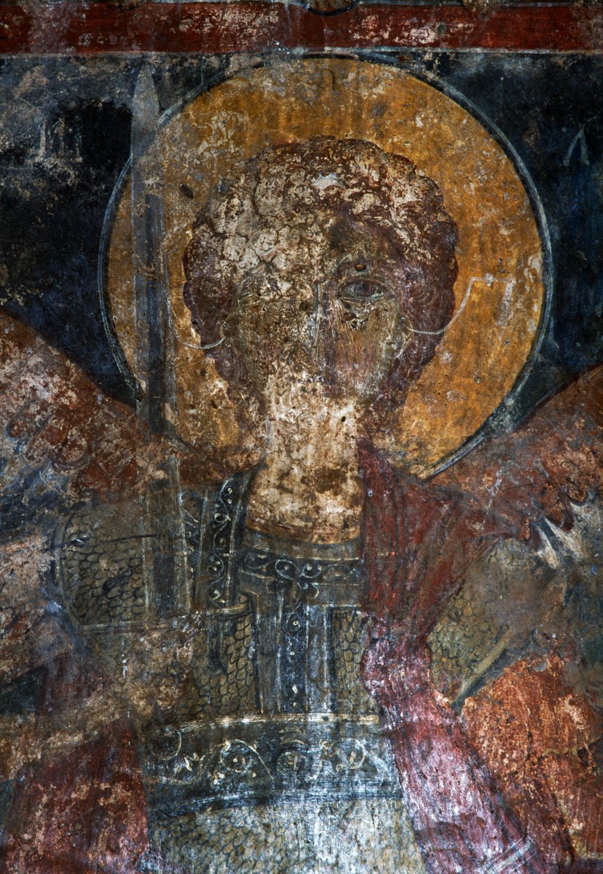 Beeld van heilige, fresco in Byzantijnse kerk van Agios Constantinos en Agia Eleni, Voukolies, Kreta, Griekenland door Theodore Charles Ange Coquelin