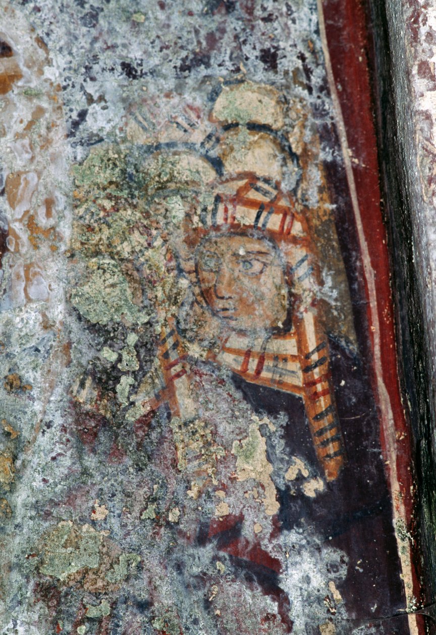 Mannelijke figuur met hoofddeksel, beschadigde fresco in kerk van Metamorphosis Sotiros, Voutas, Kreta, Griekenland door Theodore Charles Ange Coquelin