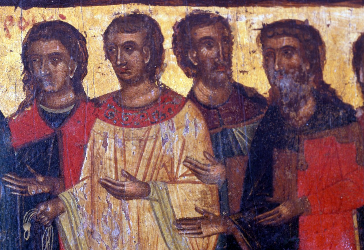 Mannelijke figuren, houten paneel in Byzantijnse kerk van Palea Roumata, Kreta, Griekenland door Theodore Charles Ange Coquelin
