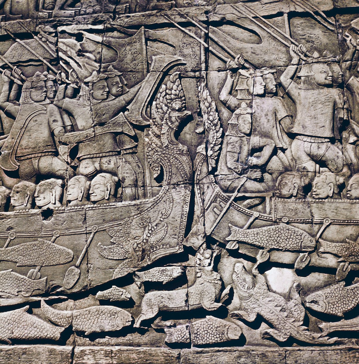 Zeeslag tussen Cham en Khmer, detail van een bas-reliëf van Bayon Tempel (13e eeuw), Angkor Thom, Angkor archeologisch site (UNESCO Werelderfgoedlijst) door Theodore Charles Ange Coquelin
