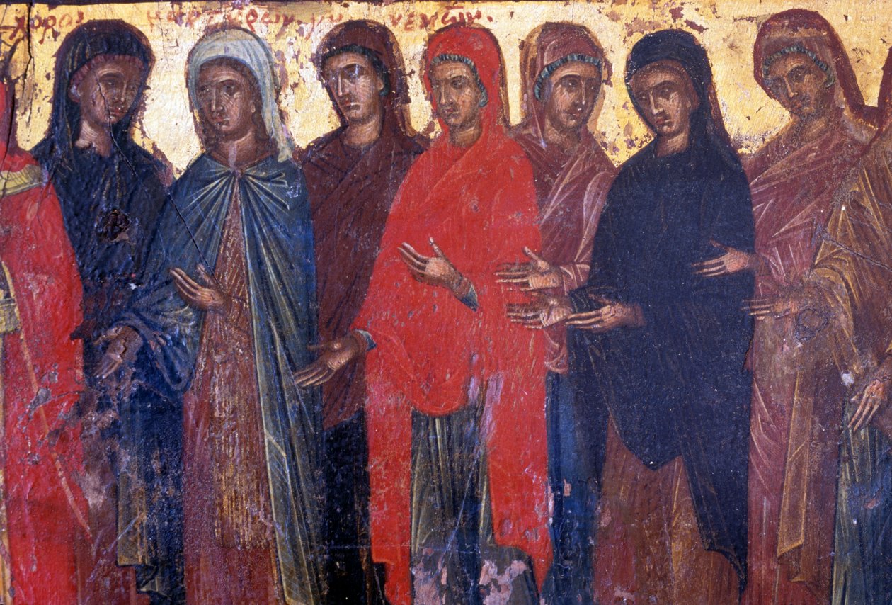 Vrome vrouwen, houten paneel in Byzantijnse kerk van Palea Roumata, Kreta, Griekenland door Theodore Charles Ange Coquelin