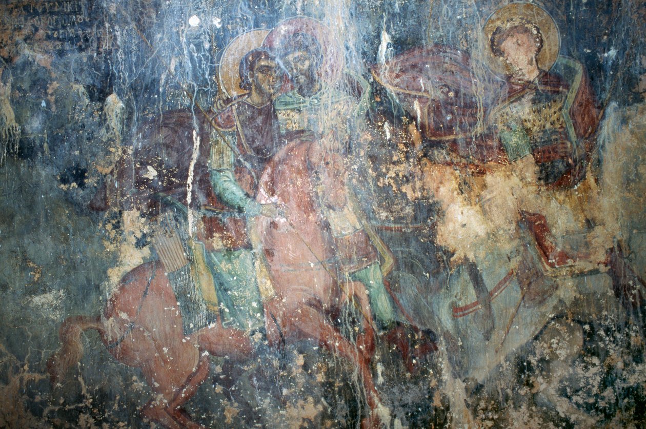 Heiligen te paard, fresco in Byzantijnse kerk van Agios Athanasios, Kefali, Kreta, Griekenland door Theodore Charles Ange Coquelin