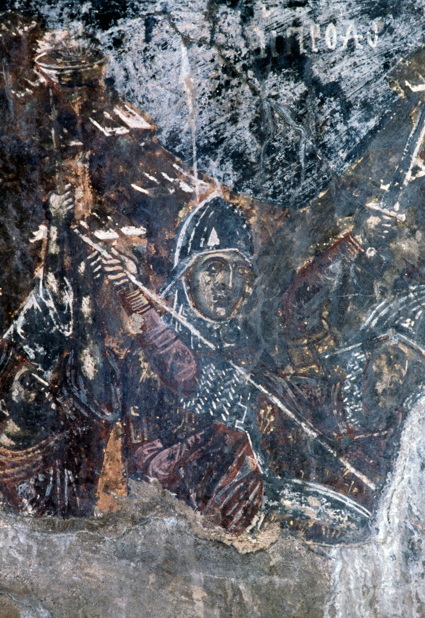 Soldaat, beschadigde fresco op plafond van kerk van Agios Vasileios, Vavouledo, Kreta, Griekenland door Theodore Charles Ange Coquelin