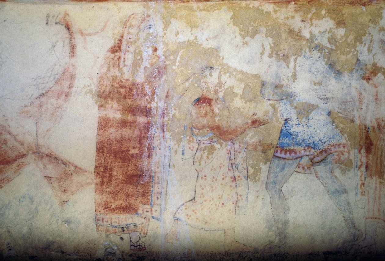 Vrouw en jongeling, fresco, Graf van Blauwe Demonen, Necropolis van Tarquinia (UNESCO Werelderfgoedlijst, 2004), Lazio, Italië, Etruskische beschaving, 5e eeuw v.Chr. door Theodore Charles Ange Coquelin