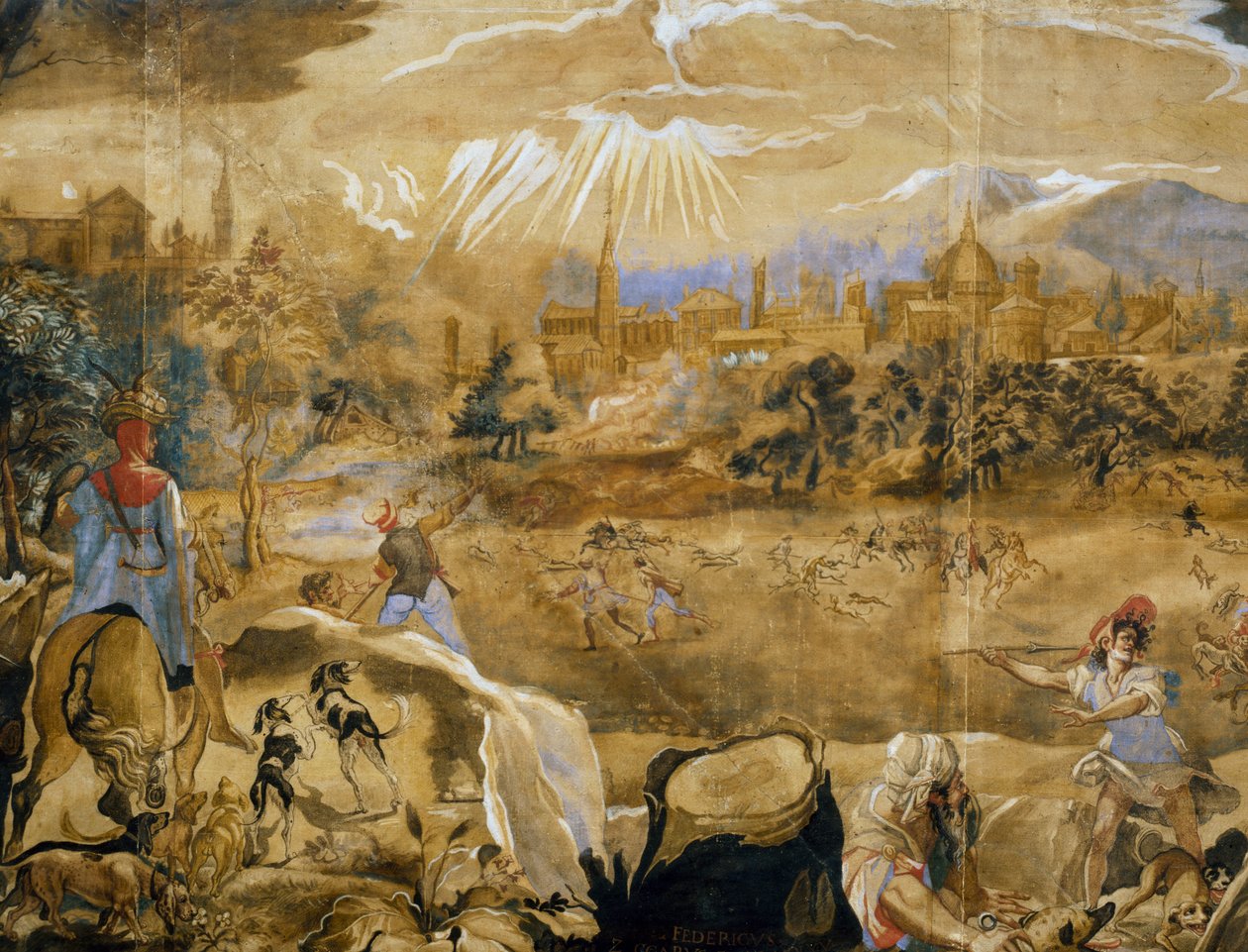 Hertenjacht (met ideaal uitzicht op Florence op de achtergrond), detail, ca. 1565 door or Zuccaro Federico Zuccari