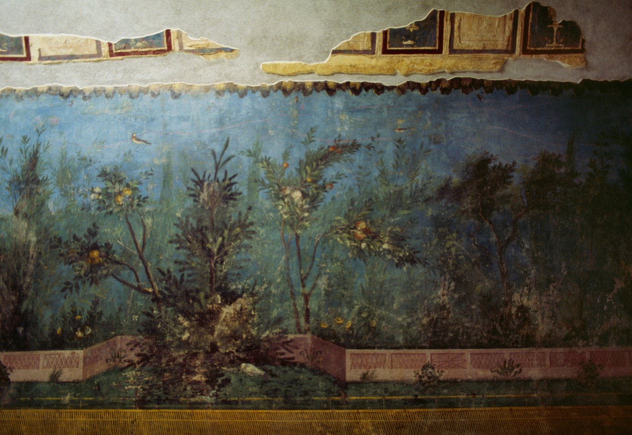 Fresco met een tuin met bomen en vogels, uit het Huis van Livia op de Palatijn, Rome, Italië. Romeinse beschaving door Unbekannt Unbekannt