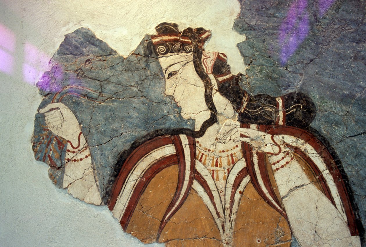 Frescofragment met vrouwelijke figuur, uit Mycene, Griekenland, Myceense beschaving door Unbekannt Unbekannt