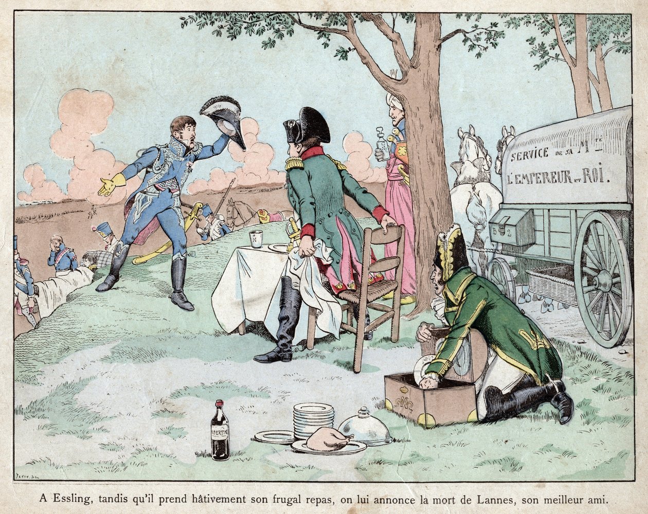 Slag bij Aspern Essling - Napoleon ontvangt nieuws over de dood van maarschalk Lannes 1809 - lithografie door Job (Jacques Onfroy de Breville) uit Le Grand Napoleon des Petites door pseudonym for Onfray de Breville Jacques Job