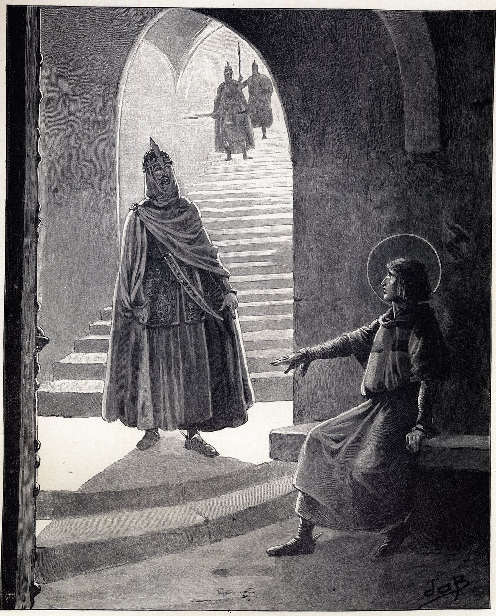 Wees een christen, ik zal je ridder maken, de woorden van Lodewijk IX, gezegd tegen een Saraceense leider die de gevangenis binnenkwam om zichzelf tot ridder te maken. Illustratie van Job (Jacques Marie Gaston Onfray en Breville) door pseudonym for Onfray de Breville Jacques Job