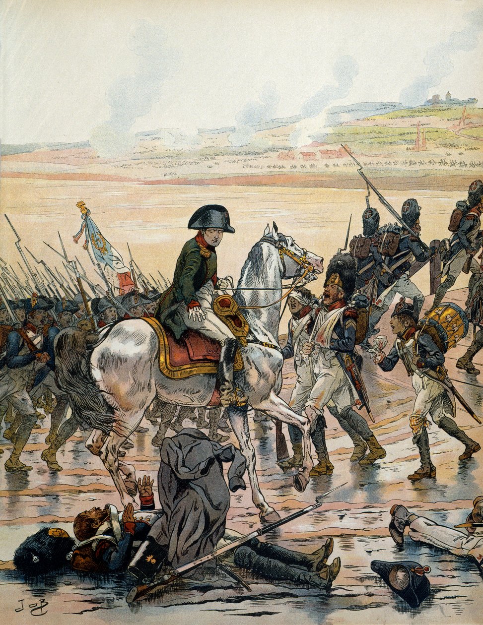Campagne van Oostenrijk (1805): In Elchingen herkent Napoleon I Bonaparte (1769-1821) op het slagveld een grenadier uit het leger van Egypte, liggend op zijn rug, blootgesteld aan de regen die met bakken uit de hemel valt, en blijft naar zijn kameraden roe door pseudonym for Onfray de Breville Jacques Job