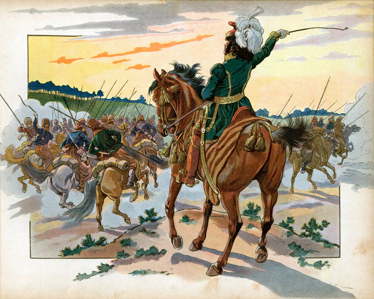 Tijdens de Russische veldtocht ging Joachim Murat alleen op de Kozakken af en zette hen op de vlucht door zijn aanwezigheid. Gravure door Jacques Marie Gaston Onfray de Breville, genaamd Job door pseudonym for Onfray de Breville Jacques Job