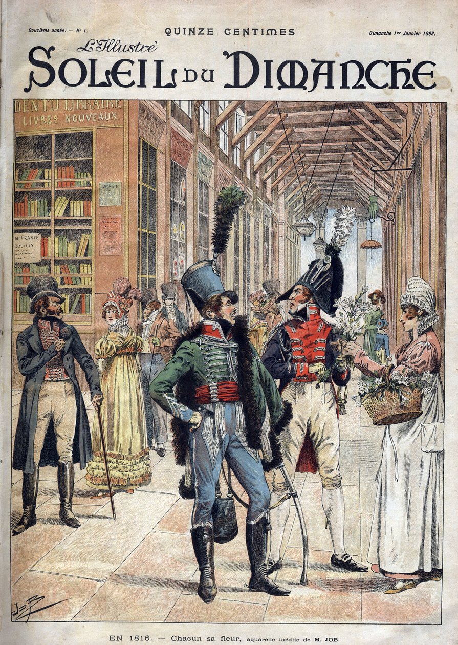 Ieder zijn eigen bloem. Een soldaat kocht bloemen van een verkoopster in een overdekte galerij in Parijs in 1816. Naar een aquarel van Mr. Job. Gravure in 