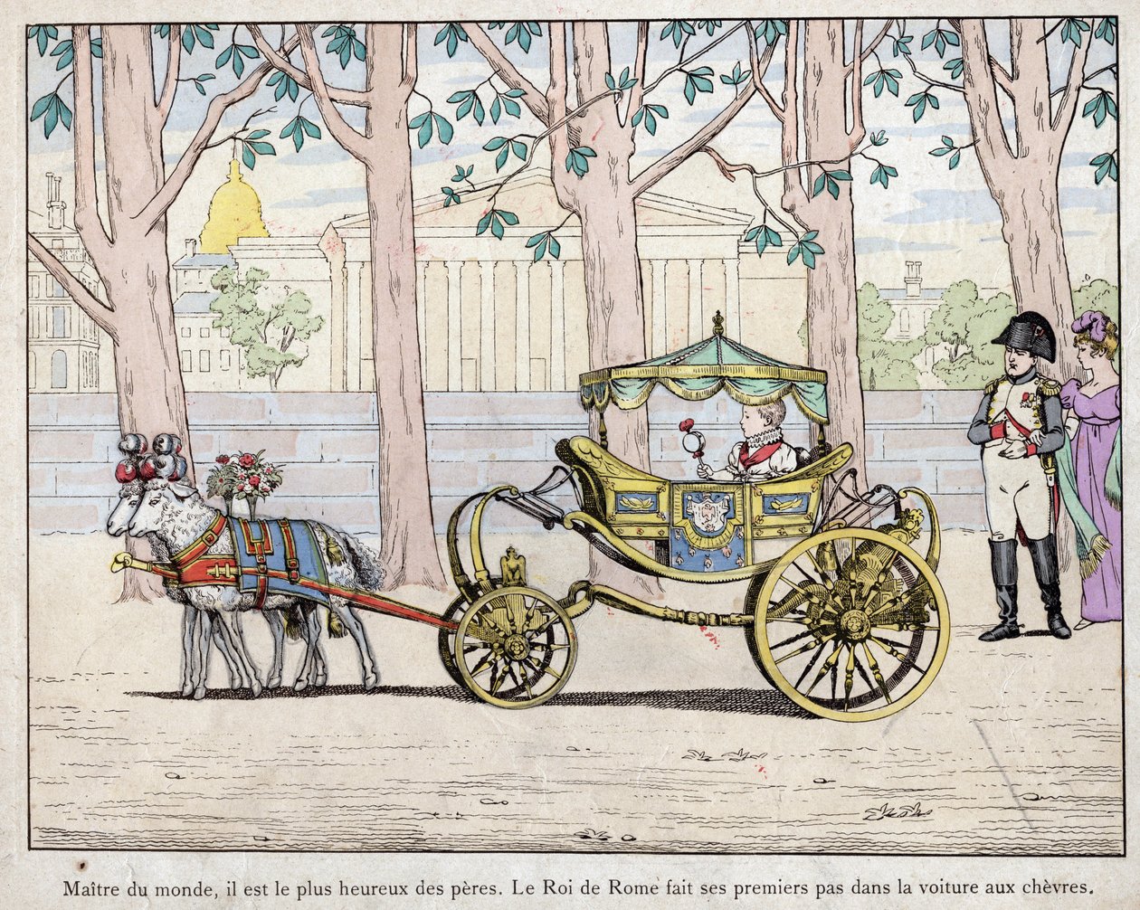 Keizer Napoleon I Bonaparte met zijn zoon Prins Napoleon Francois Charles Joseph Bonaparte, die koning van Rome Napoleon II werd genoemd - Napoleon kijkt toe hoe de koning van Italië (Napoleon II) zijn eerste stappen zet in een tuin door pseudonym for Onfray de Breville Jacques Job